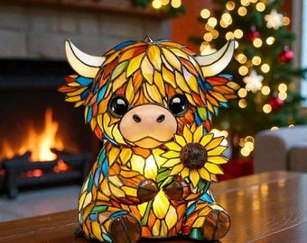 Colorful Highland Cow LED Night Light, Resin Animal Bedside Lamp, Bedroom Nursery Decor