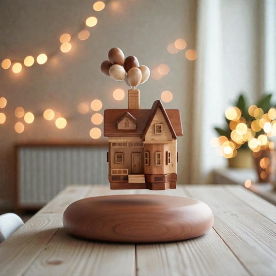 A hand-carved wooden house that magnetically levitates and floats above its base — part automaton, part magic trick for your desk.