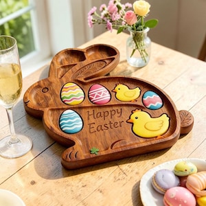Puede incluir: Una bandeja de madera con forma de conejito de Pascua con detalles tallados. La bandeja presenta coloridos huevos de Pascua y decoraciones de pollitos amarillos, con las palabras "Happy Easter" talladas en la madera. Una copa de champán y un jarrón de flores están en el fondo.