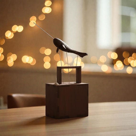 A handmade mechanical whale that moves like it's breaching — tactile, mesmerizing desk sculpture with strong ocean-art energy.