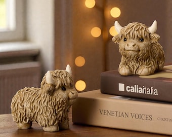 Highland Cow Resin Figurine, Farm Animal Desk Decor, Cow Ornament, Handmade Farmhouse Home Gift