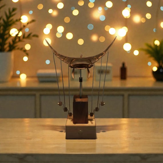 A hand-crafted wooden manta ray that actually moves — kinetic mechanical art you can put on your desk and stare at all day.