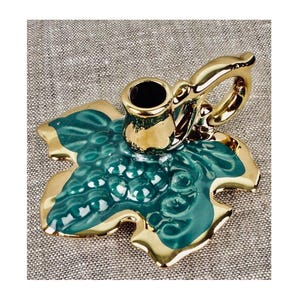 Rysk liten keramikljusstake | Grönt druvblad med gulddetaljer | Handgjord ljusstake i porslin