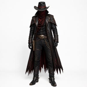 Op de afbeelding: Een donkere outfit bestaande uit een zwarte cowboyhoed, een lange verweerde jas met rode accenten, een donkere bandana met patroon, een zwarte broek en leren laarzen. De riem is voorzien van een metalen gesp met een stierenschedel.