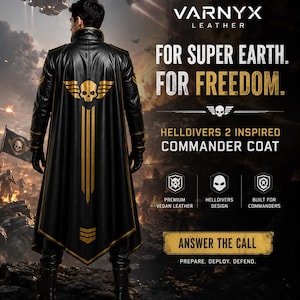 Könnte beinhalten: Ein schwarzer Kommandantenmantel mit goldenen Akzenten, einem Totenkopf- und Flügel-Emblem auf dem Rücken und vertikalen goldenen Streifen. Der Text umfasst VARNYX LEATHER, FOR SUPER EARTH. FOR FREEDOM., HELLDIVERS 2 INSPIRED COMMANDER COAT, ANSWER THE CALL und DEMOCRACY NEEDS YOU.