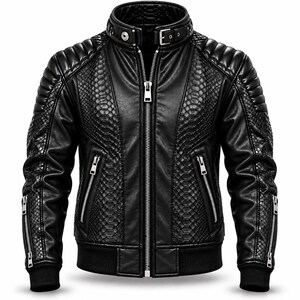 Könnte beinhalten: Eine schwarze Jacke mit Stehkragen und Schnallenriemen, einem silbernen Reißverschluss in der Mitte und gerippten Bündchen. Das Design umfasst strukturierte Paneele mit Schlangenmuster an Brust und Ärmeln, gesteppte Schulterpartien und Reißverschlusstaschen.