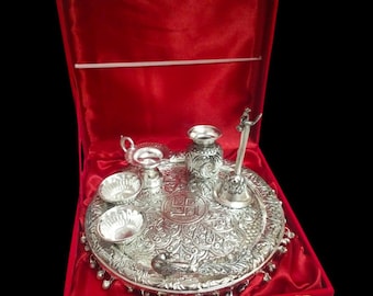 German Silver Pooja Thali Set for Purpose of Diwali Festival, Housewarming, Peacock Trunk Design with Velvet Box Packing