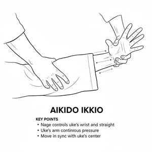 Puede incluir: Dibujo lineal de una técnica de Aikido, Aikido Ikkio, que muestra dos figuras interactuando. Una figura controla la muñeca de la otra. El texto incluye "Puntos clave" y viñetas que describen la técnica.