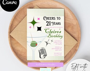 Cheers to 21 Years Birthday Invitation Template | Retro Cocktail Party Invite | Editable Canva 21st Birthday Invitation | Instant Download