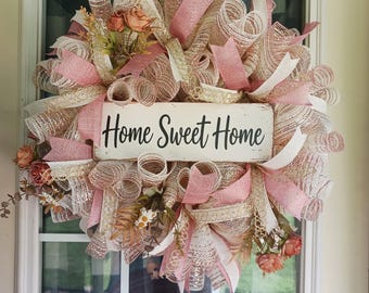 Home Sweet Home Wreath – Front Door Decor – 24x6 – Pink & Gold Mesh