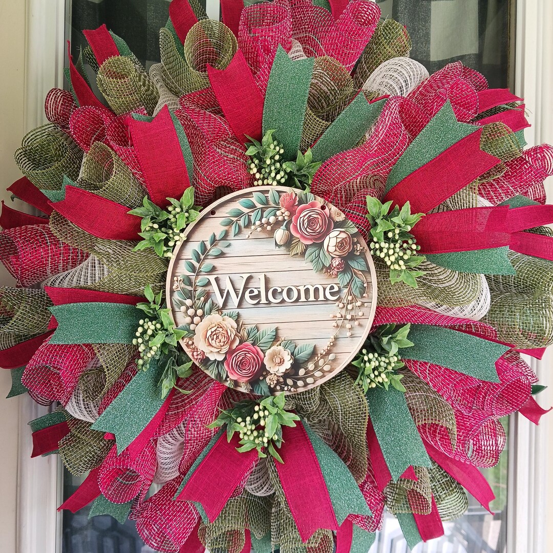 Burgundy Green Door Wreath – Mesh Rustic Floral Home Decor – 24 Inch - Etsy