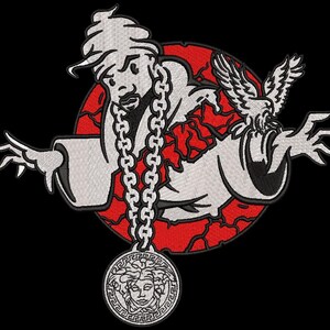 May include: Embroidered patch featuring a stylized figure with a white robe, chain, and medallion. The design includes a red background with a cracked pattern and a white eagle. The patch is set against a black background.