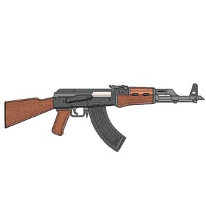 以下が含まれることがあります： AK-47アサルトライフルのイラスト。ライフルは木製のストックとハンドガード、黒色のレシーバー、湾曲したマガジンを備えています。バレルとその他の金属部品はグレーです。