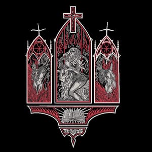 May include: Black graphic design with a central gothic arch depicting a woman and a goat-like figure in flames. Flanking arches show similar demonic figures. Red and white accents create a striking contrast, with a cross at the top and an open book at the bottom.