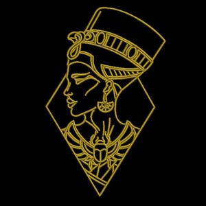 May include: Gold-colored line art of an Egyptian queen in profile, wearing a headdress and earrings, set within a diamond shape. A scarab beetle design is below the queen's neck, all on a black background.