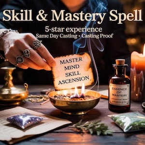 Puede incluir: Una escena mística con un cuenco en llamas, una pequeña botella etiquetada "Essence of Mastery" y una nota manuscrita con "Master Mind Skill Ascension". La escena incluye velas y otros objetos rituales.