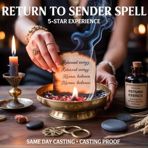 Pode incluir: Uma cena mística com um papel em chamas com as palavras "Returned energy" e "Karmic balance". Uma pequena garrafa com o rótulo "Return Essence" também é visível. A imagem tem uma atmosfera à luz de velas.