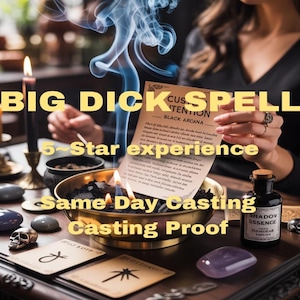 Puede incluir: Imagen de temática mística con velas, un cuenco en llamas y una botella de poción etiquetada como "Shadow Essence". El texto incluye "BIG DICK SPELL", "5-Star experience" y "Same Day Casting".