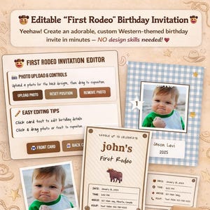 Könnte beinhalten: Eine editierbare "First Rodeo" Geburtstagseinladungsvorlage. Das Design zeigt ein Foto eines Babys, eine braune Bullenillustration und Text auf cremefarbenem Hintergrund. Die Einladung hat ein Cowboy-Thema mit einem karierten Vichy-Hintergrund.