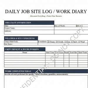 Puede incluir: Un Diario de Obra Diario / Diario de Trabajo blanco. El documento incluye secciones para información de trabajo y fecha, condiciones meteorológicas y del sitio, tripulación presente y horas trabajadas, trabajo completado hoy y materiales utilizados/entregados. El texto "Document Everything - Protect Your Business" está en la parte superior.