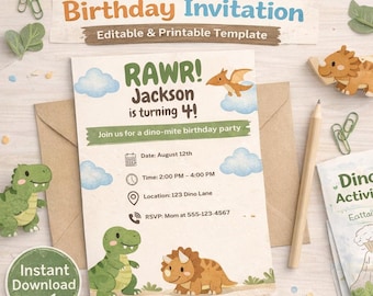 Dinosaur Birthday Invitation Editable Canva Template | Cute Dino Kids Party Invite | Instant Download