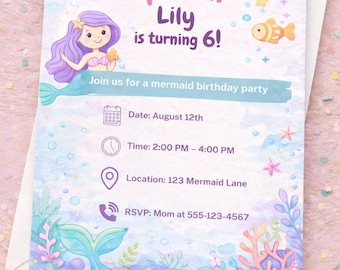 Invitación de cumpleaños de sirena editable / Invitación de fiesta de sirena para niñas / Cumpleaños submarino / Plantilla Canva de descarga instantánea