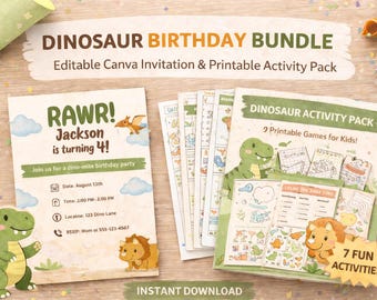Dinosaur Birthday Bundle | Editable Canva Invitation + Printable Activity Pack | Kids Dino Party Games