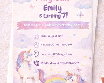 Editable Unicorn Birthday Invitation for Girls | Magical Unicorn Party Invite | Pastel Rainbow Birthday Invitation | Instant Download