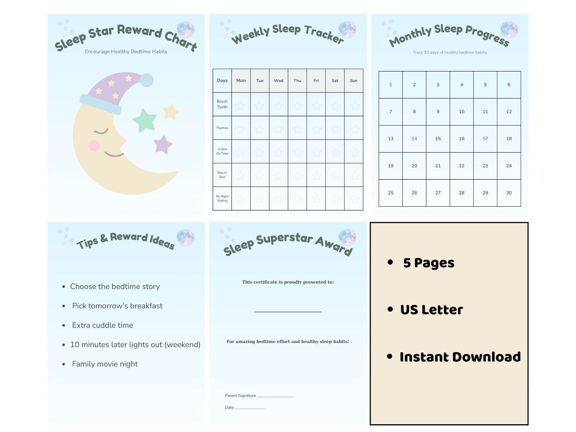 Bedtime Reward Chart Printable for Kids | Sleep Star Tracker PDF ...