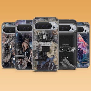 May include: Five smartphone cases featuring collage-style designs with dark, celestial, and fantasy-themed illustrations. The center case displays the text "TO THE STARS WHO LISTEN" and "love," while others include phrases like "Feyre, darling" and "starlight."