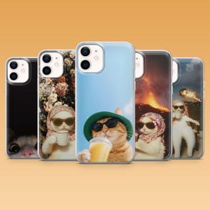 May include: Five phone cases with cat-themed designs. The cases show cats wearing sunglasses and hats, holding drinks, and posing in different settings. The cases are in clear protective covers. The background is a gradient of orange.