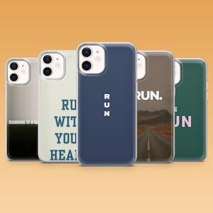 Puede incluir: Cinco fundas para teléfono con diferentes diseños. Una funda tiene la palabra "RUN" en blanco, otra dice "RUNNING IS A GI", y otra dice "RUN WITH YOU HEART". Las fundas son de varios colores.