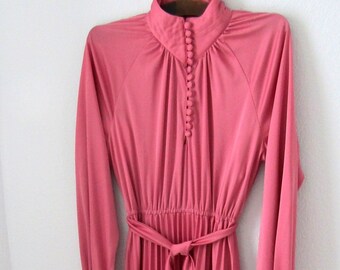 Vintage 1970s Slinky Disco Dress, Full Skirt, Dancing Dress, Deep Pink, Silky Polyester, Size 10ish, Bust Varies, Party Dress