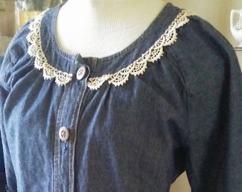Repurposed Blue Denim Bolero Jacket, Vintage Lace and Doilies, Recycled, 3/4 length sleeves, Cottage Shabby Look, Handmade OOAK  Sze Med