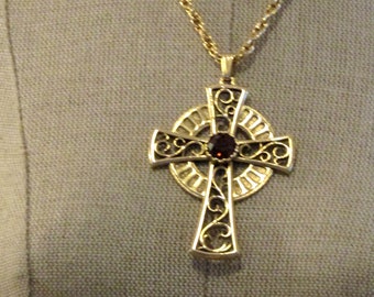 Sarah Coventry Cross Necklace, Limited Edition Pendant 1979, Collectors Gift,  boho hippie, Red Stone, Chain