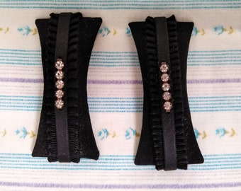 Vintage Rhinestone Shoe Clips, Black Pleated Bow, 1950, Shoe Jewelry, Bling, EUC