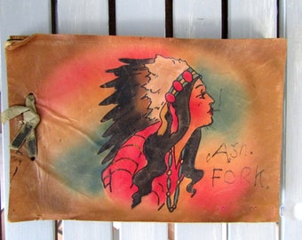 1940s Vintage Kid Leather Scrap Book, Handpainted Native American in Headdress, Ash Fork Arizona, Pictures Clippings,