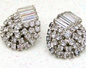 Vintage Rhinestone Earrings Curved Top Baguettes Prong Set VGC Good Quality MCM Hollywood Glam