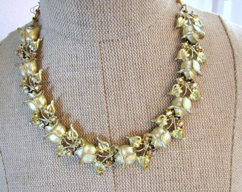 Vintage1950s Choker Sparkly Gold Necklace Petals Rhinestones Glamour Girl, 1960s 1950s Mid Century Modern Sweet Repeat Vintage Gift Idea