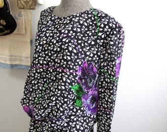 Vintage Koho Secretary Dress, Muted Floral Colors, Unusual, Volup, 1980s