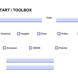 Puede incluir: Un formulario blanco titulado "DAILY PRESTART / TOOLBOX" con campos para "Nombre del trabajo" y "Fecha". Se proporcionan casillas de verificación para identificar peligros y controles, incluyendo "Manual", "Eléctrico" y "EPI."