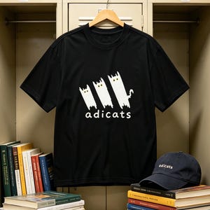 May include: Black t-shirt with a white graphic of three stylized cats and the word "adicats" below. A navy blue baseball cap with "adicats" embroidered on it sits on a stack of books. The shirt hangs on a wooden hanger.