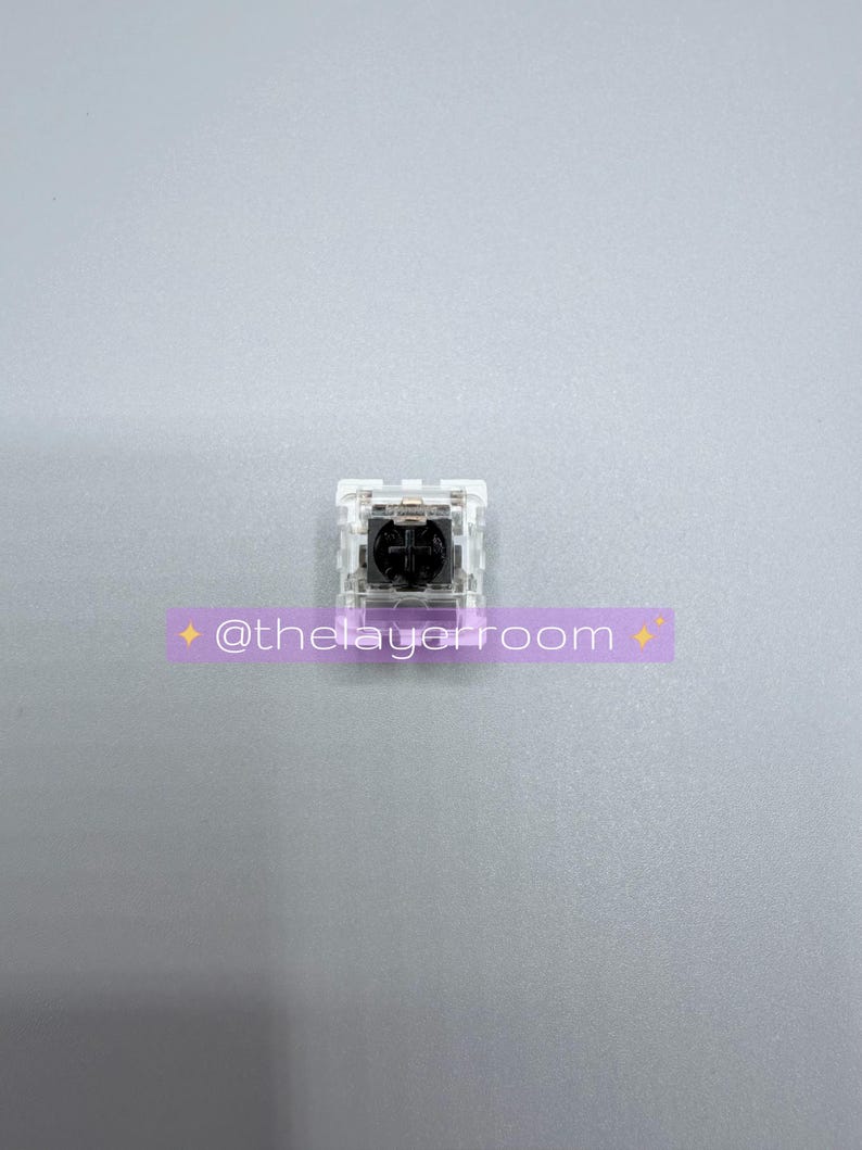Peut inclure: Un interrupteur de clavier m&eacute;canique dot&eacute; d'un bo&icirc;tier transparent et d'une tige noire avec une fixation en croix. Une superposition rectangulaire violette est plac&eacute;e sous l'interrupteur, affichant le texte blanc @thelayerroom.