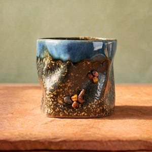May include: A handcrafted ceramic cup with a unique, textured design. The top rim is a deep blue, transitioning to a speckled brown and tan body. Small, decorative elements are affixed to the exterior. The cup sits on a reddish-brown surface.