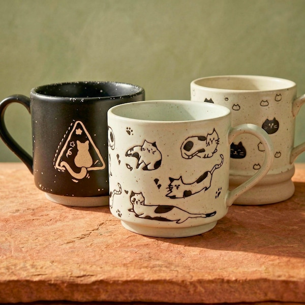 Taza de cerámica con diseño de gato de dibujos animados, taza de café de cerámica, tazas de té de estilo minimalista con diseño de gato, regalos adorables para amantes de los gatos, taza de cerámica hecha a mano, 3 estilos.