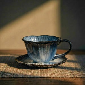 Blombladsliknande keramikkopp och fat, reaktiv glaserad tekopp, hantverksmässig kaffekopp, minimalistisk estetisk keramikkopp