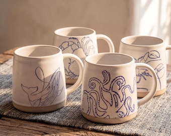 Sea Animal Pottery Mug, Ceramic Coffee Cup, Blue Line Art Ocean Mug, Handcrafted Marine Life Drinkware, Whale Crab Octopus Lobster