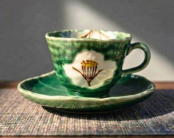 Hand-Painted Camellia Ceramic Cup and Saucer, Artisan Tea Cup, Floral Coffee Cup, Pottery Cup Set, Japanese Style Handmade Ceramic Drinkware