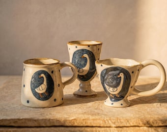 Duck Ceramic Mug, Funny Goose Art Cups, Handcrafted Pottery Coffee Cup, Polka Dot Stoneware Tea Mug, Duck Lover Gift, Animal Kitchenware