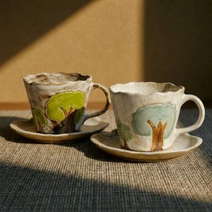 Op de afbeelding: Twee keramische kopjes met bijpassende schoteltjes, elk voorzien van een handgeschilderd boomontwerp. Het linker kopje toont een felgroene boom, terwijl het rechter kopje een blauwgroene boom heeft. Beide hebben onregelmatige, golvende randen.